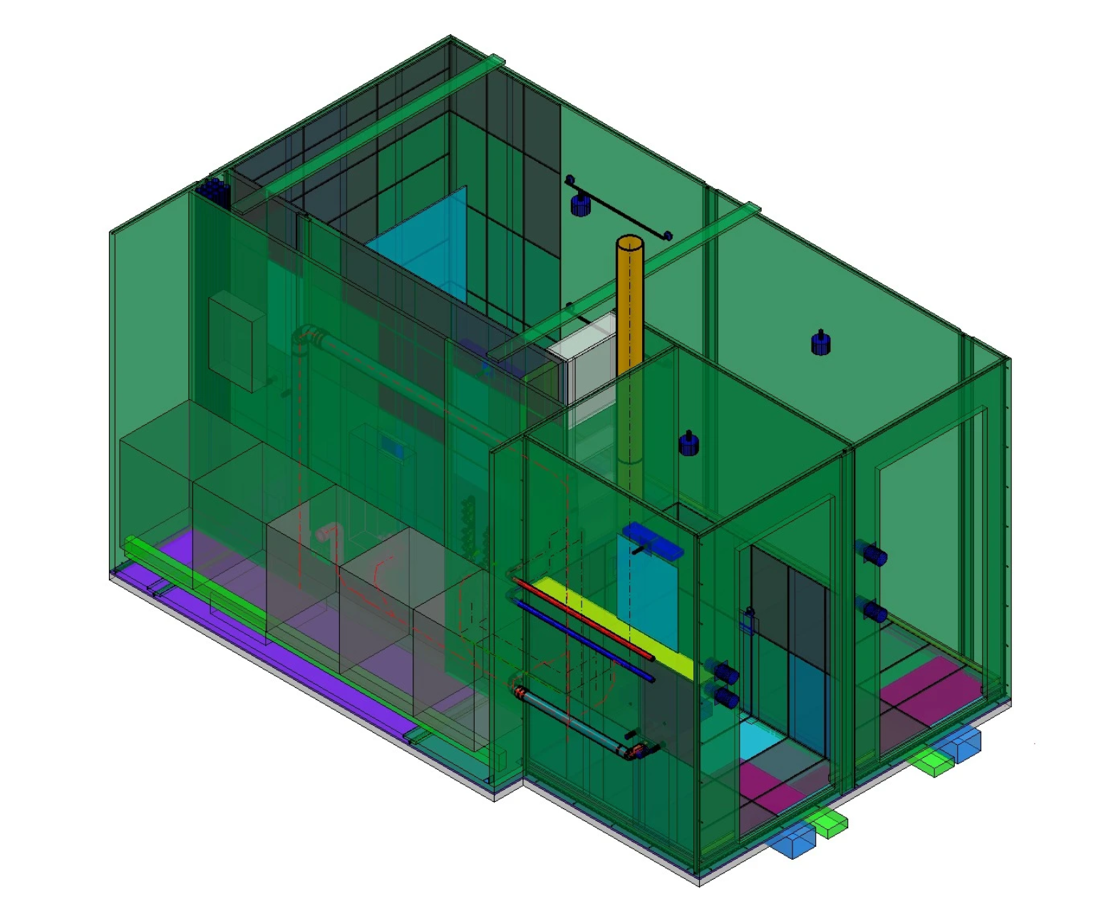 Modell einer modularen Einheit mit Bad, WC und Küche.